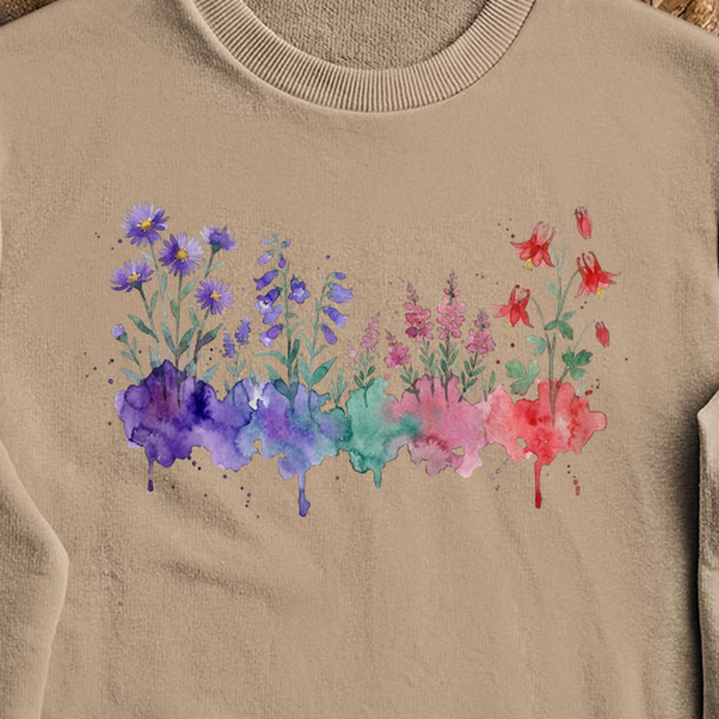 Watercolor Mount Rainier Wildflowers Crewneck Sweatshirt
