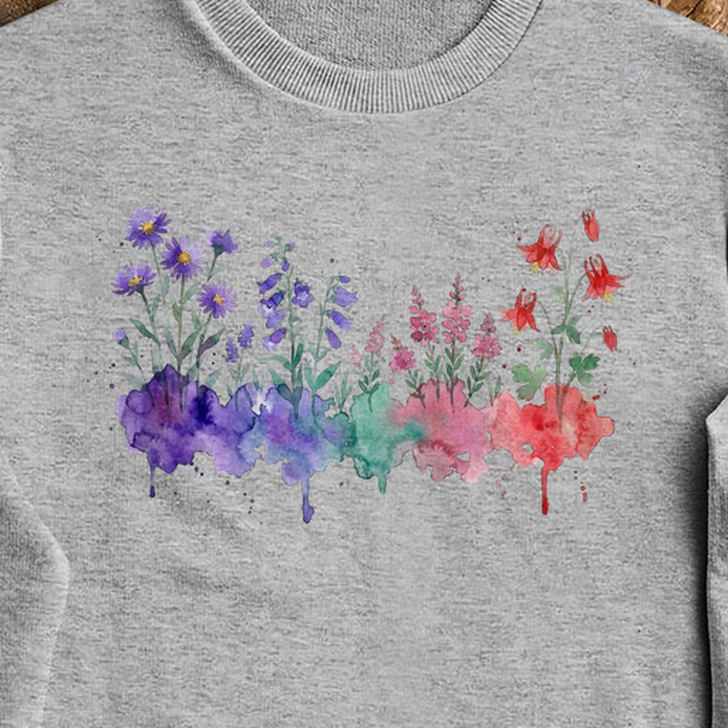 Watercolor Mount Rainier Wildflowers Crewneck Sweatshirt