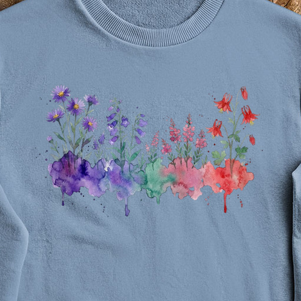Watercolor Mount Rainier Wildflowers Crewneck Sweatshirt