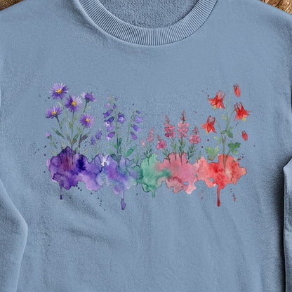 Watercolor Mount Rainier Wildflowers Crewneck Sweatshirt