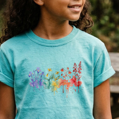Watercolor New River Gorge Wildflowers Kids Cotton T-Shirt