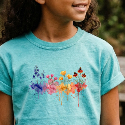 Watercolor Petrified Forest Wildflowers Kids Cotton T-Shirt