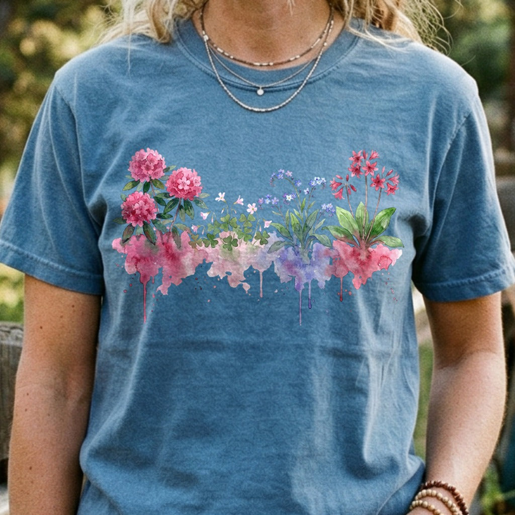 Watercolor Redwood Wildflowers Cotton T-Shirt