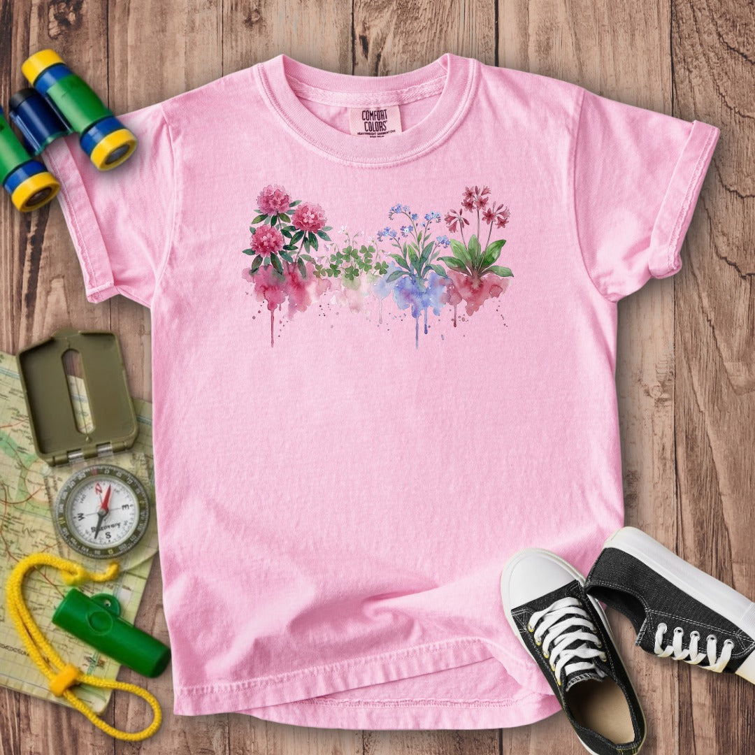 Watercolor Redwood Wildflowers Kids Cotton T-Shirt
