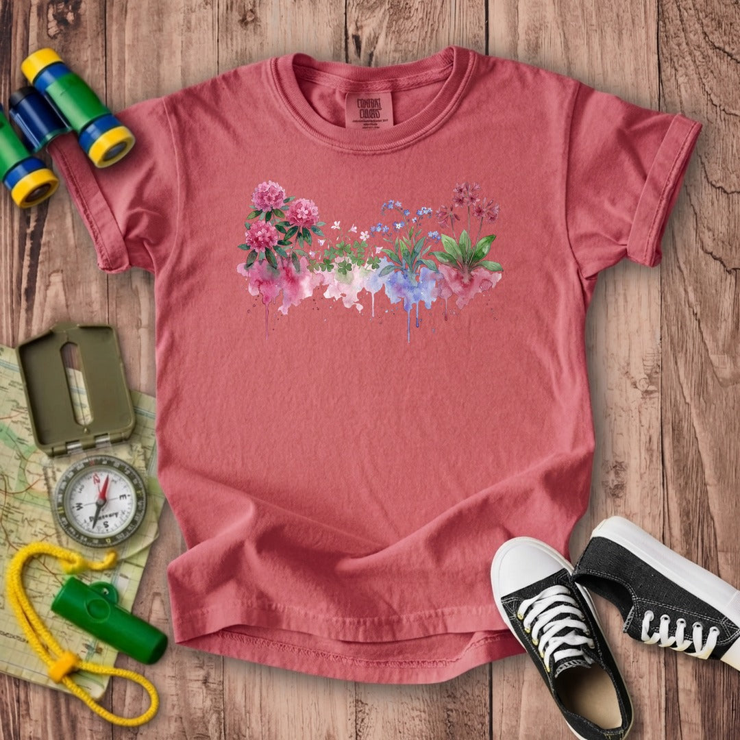 Watercolor Redwood Wildflowers Kids Cotton T-Shirt