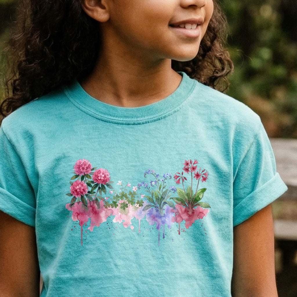 Watercolor Redwood Wildflowers Kids Cotton T-Shirt