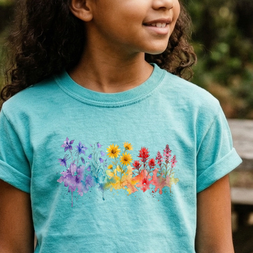 Watercolor Rocky Mountain Wildflowers Kids Cotton T-Shirt