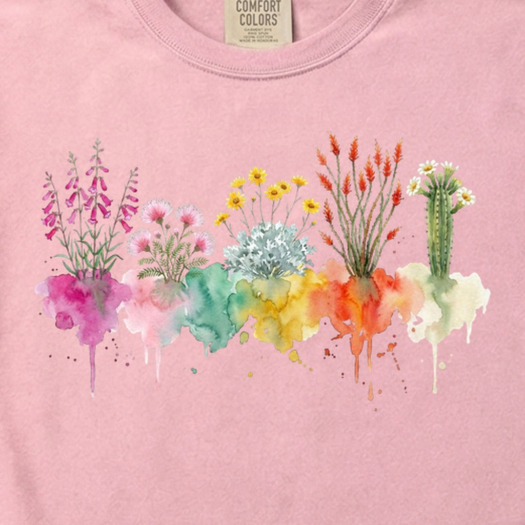 Watercolor Saguaro Wildflowers Cotton T-Shirt
