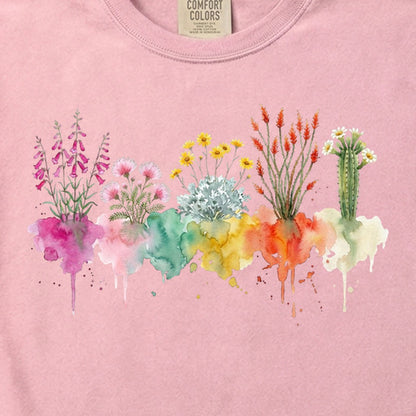 Watercolor Saguaro Wildflowers Cotton T-Shirt