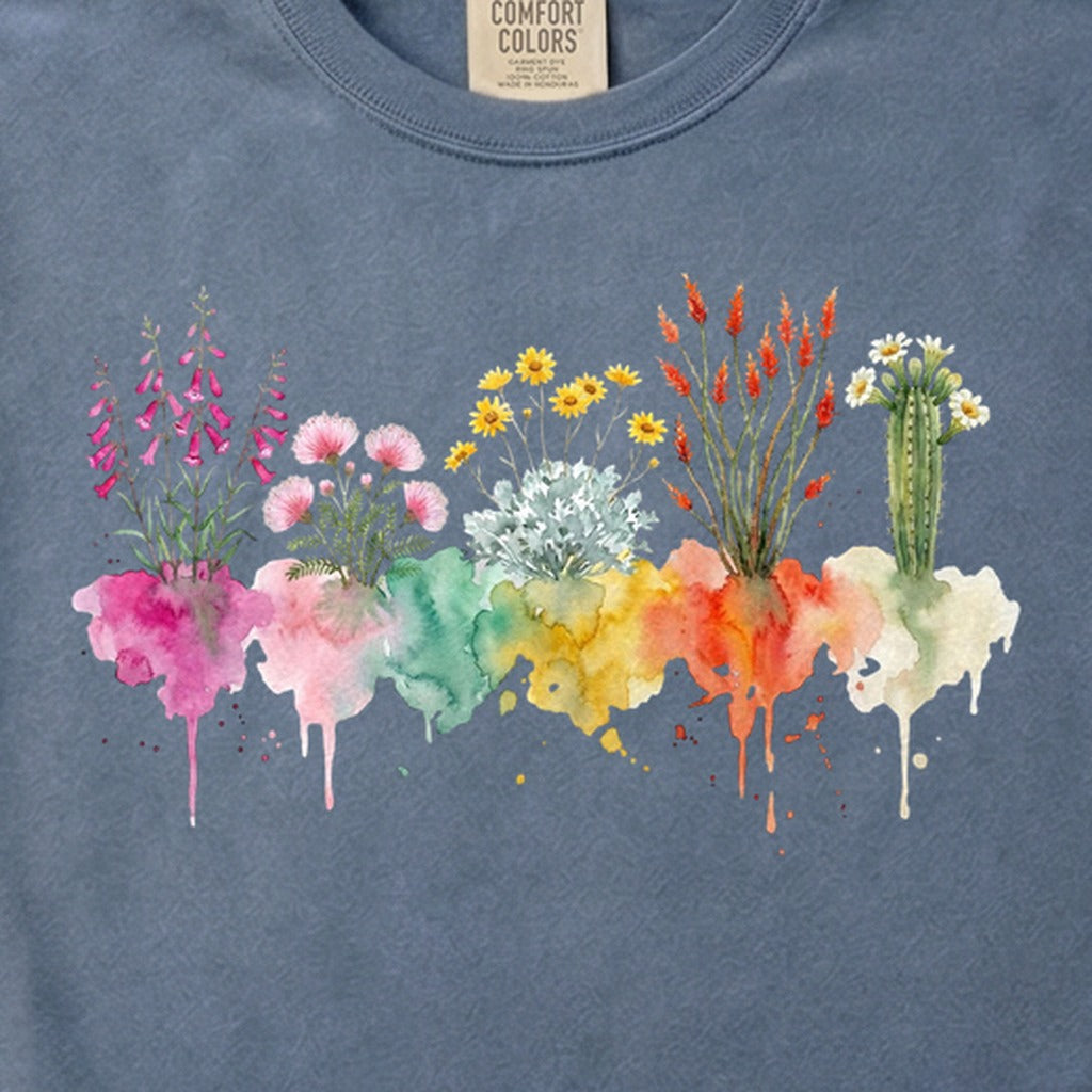Watercolor Saguaro Wildflowers Cotton T-Shirt