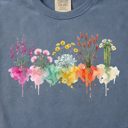Watercolor Saguaro Wildflowers Cotton T-Shirt