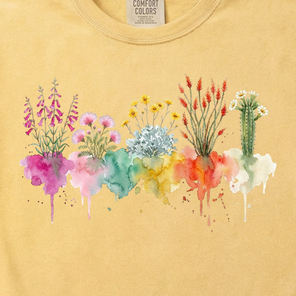Watercolor Saguaro Wildflowers Cotton T-Shirt