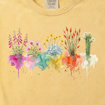 Watercolor Saguaro Wildflowers Cotton T-Shirt