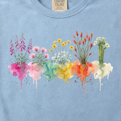 Watercolor Saguaro Wildflowers Cotton T-Shirt