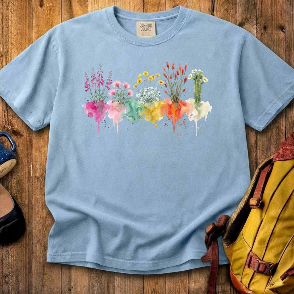 Watercolor Saguaro Wildflowers Cotton T-Shirt