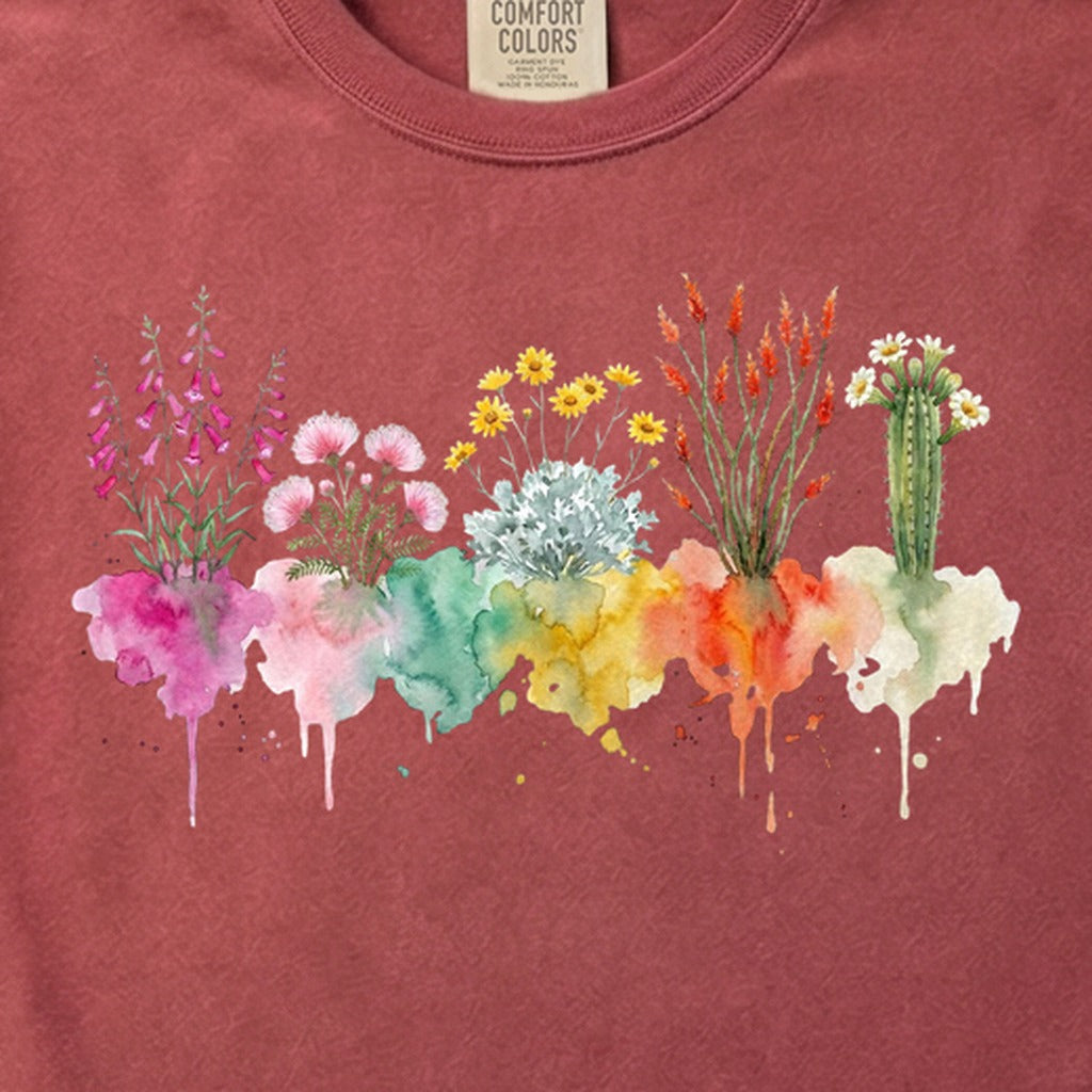 Watercolor Saguaro Wildflowers Cotton T-Shirt