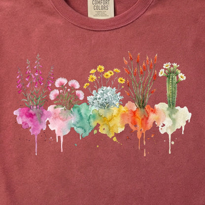 Watercolor Saguaro Wildflowers Cotton T-Shirt