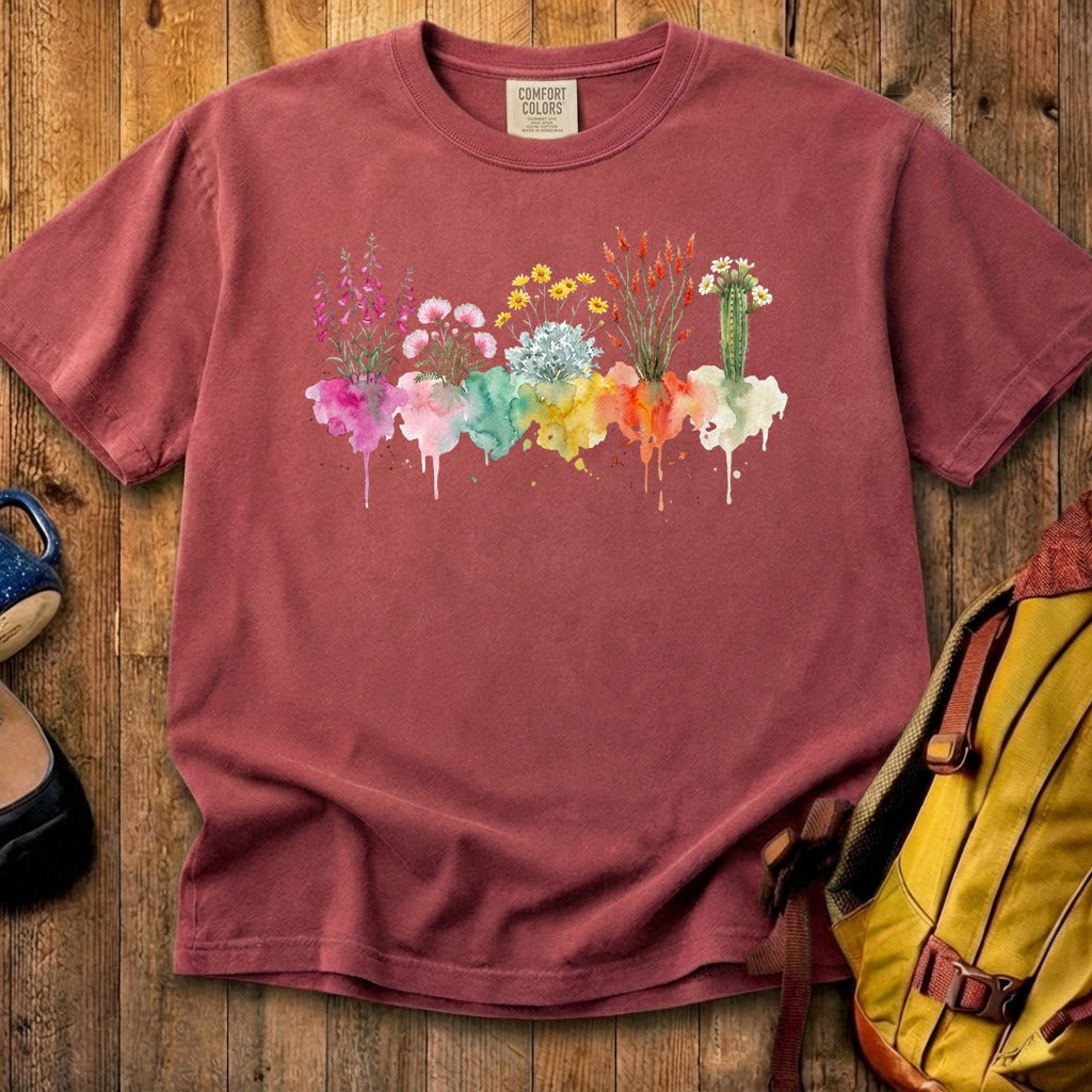 Watercolor Saguaro Wildflowers Cotton T-Shirt