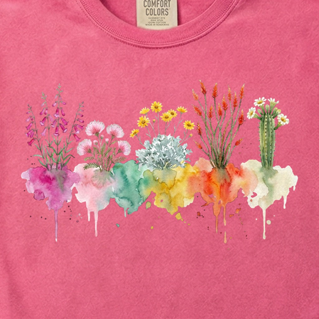 Watercolor Saguaro Wildflowers Cotton T-Shirt