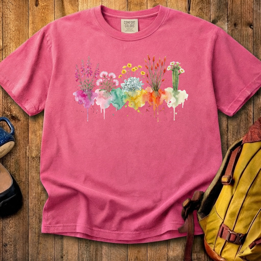 Watercolor Saguaro Wildflowers Cotton T-Shirt