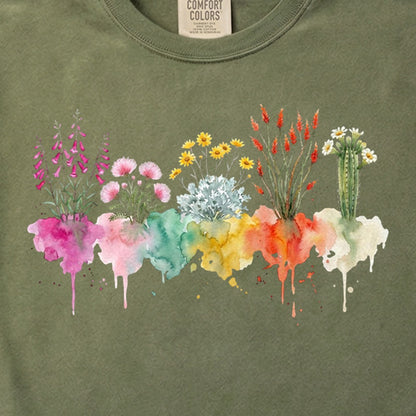 Watercolor Saguaro Wildflowers Cotton T-Shirt