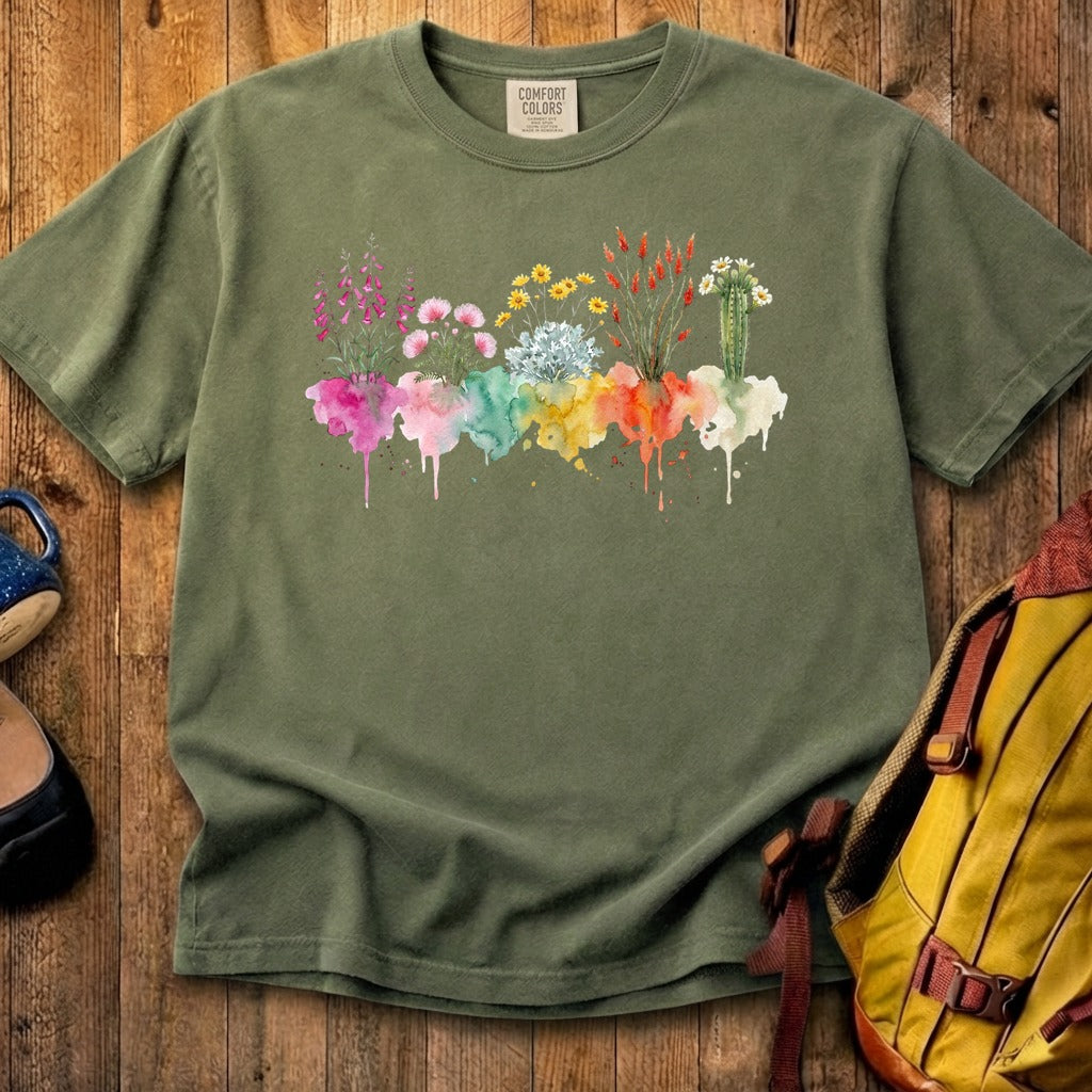 Watercolor Saguaro Wildflowers Cotton T-Shirt