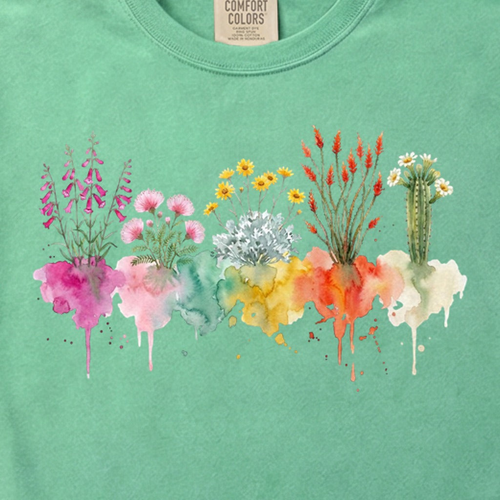 Watercolor Saguaro Wildflowers Cotton T-Shirt