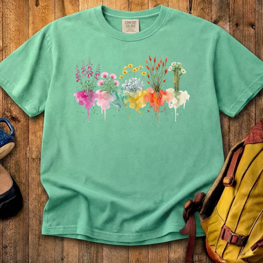 Watercolor Saguaro Wildflowers Cotton T-Shirt