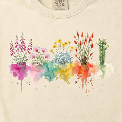 Watercolor Saguaro Wildflowers Cotton T-Shirt