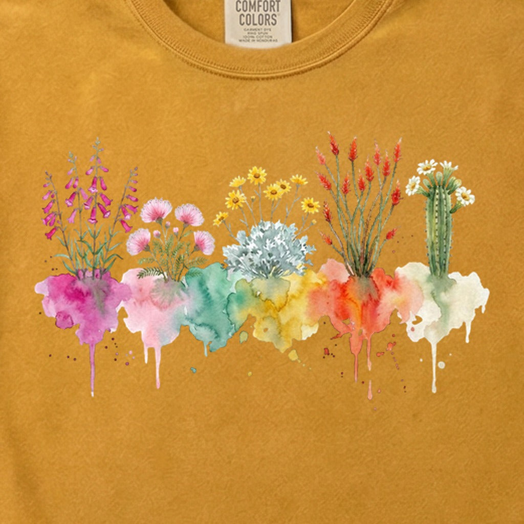 Watercolor Saguaro Wildflowers Cotton T-Shirt
