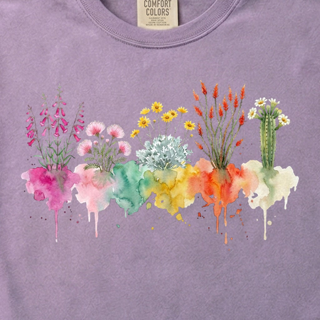 Watercolor Saguaro Wildflowers Cotton T-Shirt