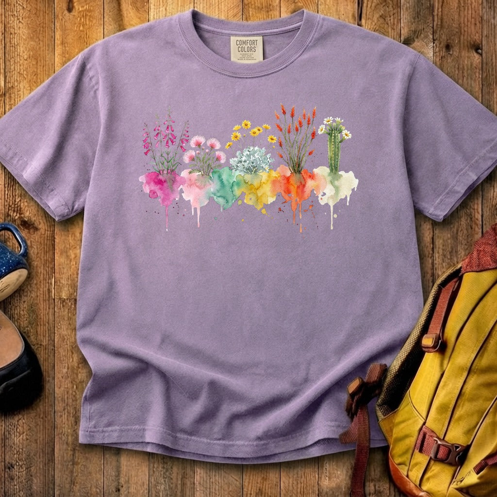 Watercolor Saguaro Wildflowers Cotton T-Shirt