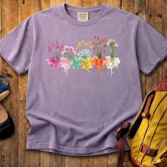 Watercolor Saguaro Wildflowers Cotton T-Shirt