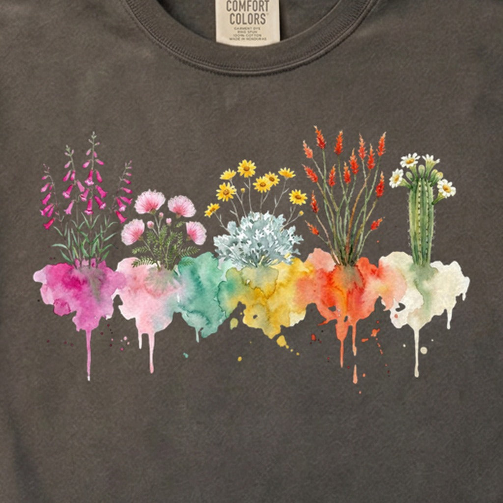 Watercolor Saguaro Wildflowers Cotton T-Shirt