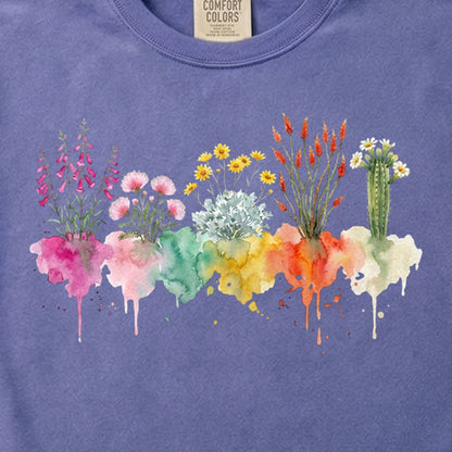 Watercolor Saguaro Wildflowers Cotton T-Shirt