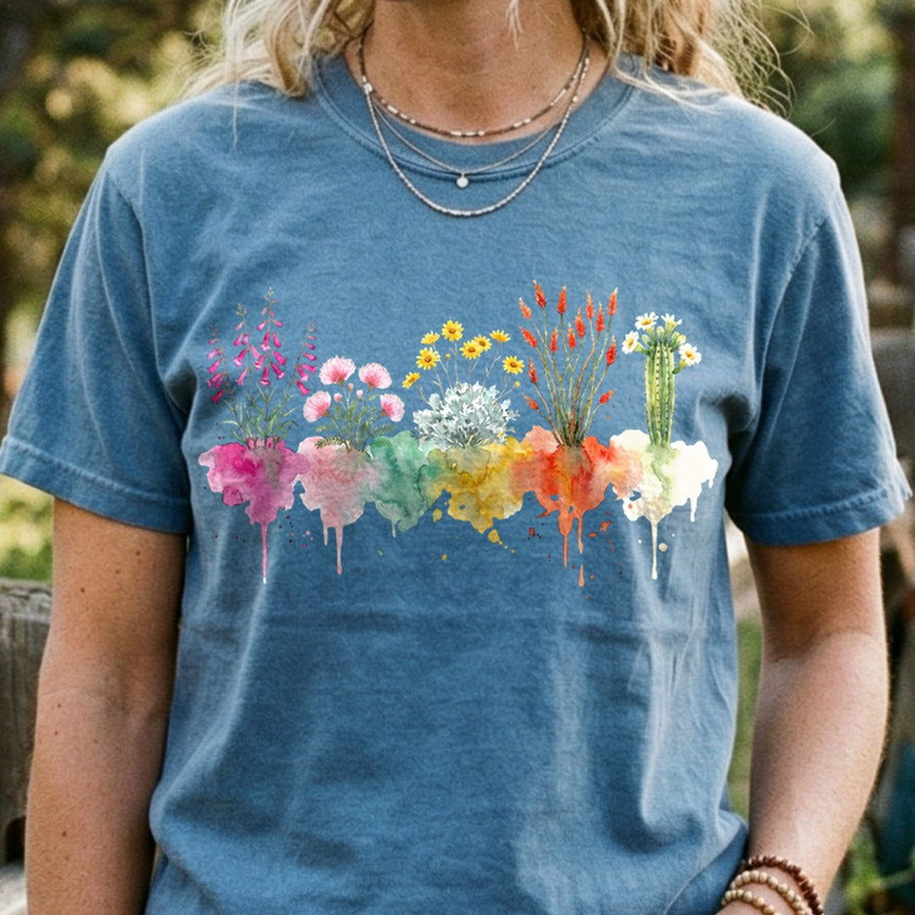 Watercolor Saguaro Wildflowers Cotton T-Shirt