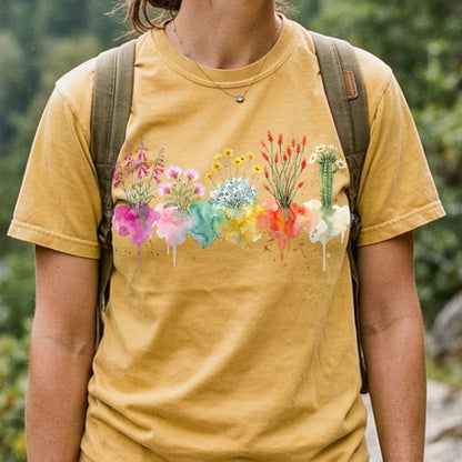 Watercolor Saguaro Wildflowers Cotton T-Shirt