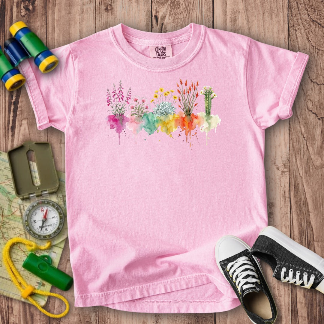 Watercolor Saguaro Wildflowers Kids Cotton T-Shirt