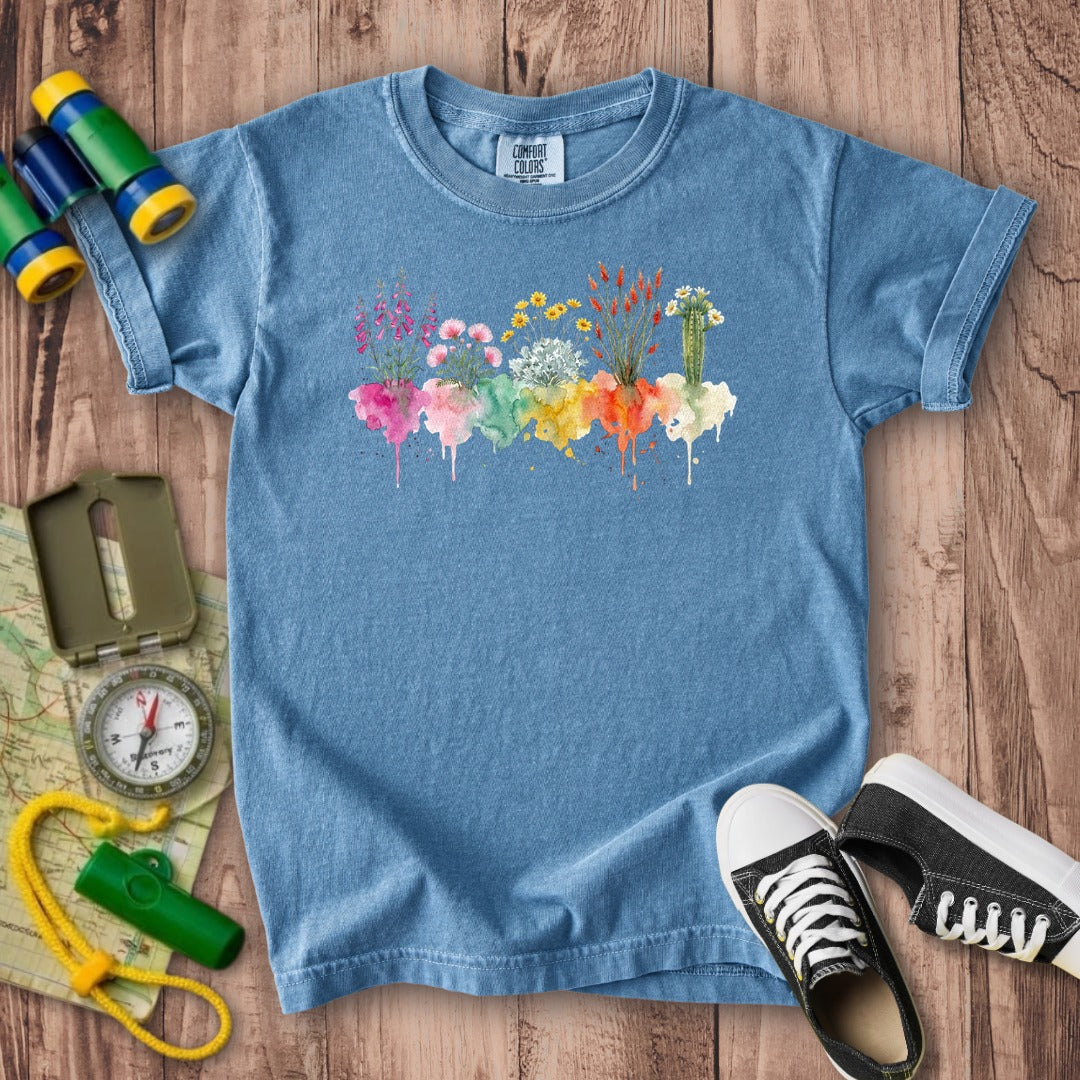 Watercolor Saguaro Wildflowers Kids Cotton T-Shirt