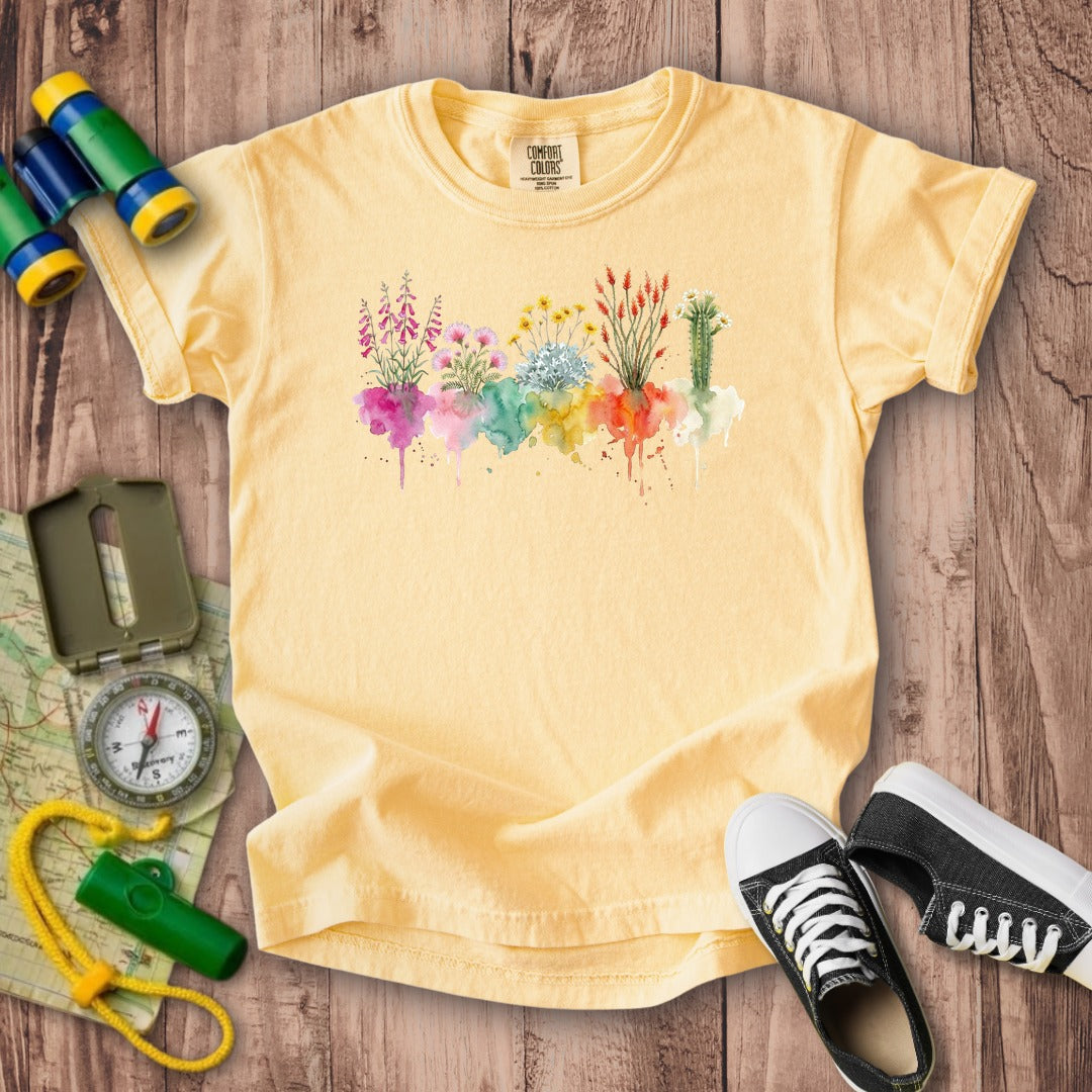 Watercolor Saguaro Wildflowers Kids Cotton T-Shirt