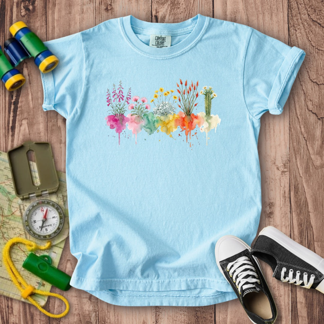 Watercolor Saguaro Wildflowers Kids Cotton T-Shirt