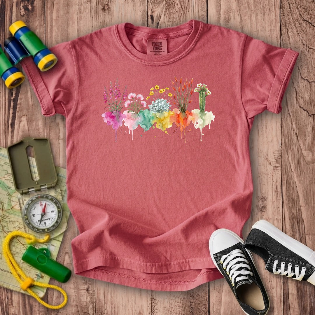 Watercolor Saguaro Wildflowers Kids Cotton T-Shirt