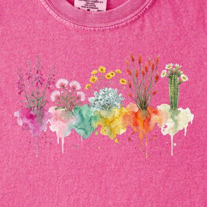 Watercolor Saguaro Wildflowers Kids Cotton T-Shirt
