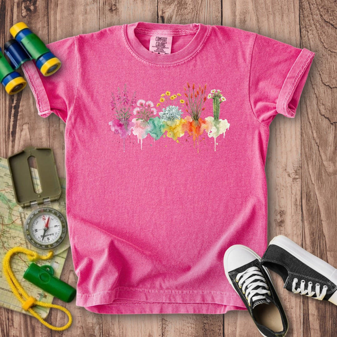 Watercolor Saguaro Wildflowers Kids Cotton T-Shirt