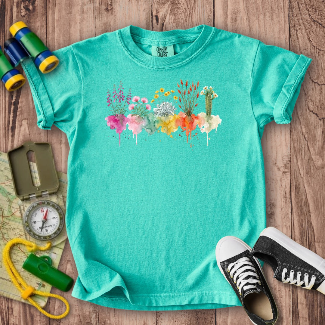 Watercolor Saguaro Wildflowers Kids Cotton T-Shirt
