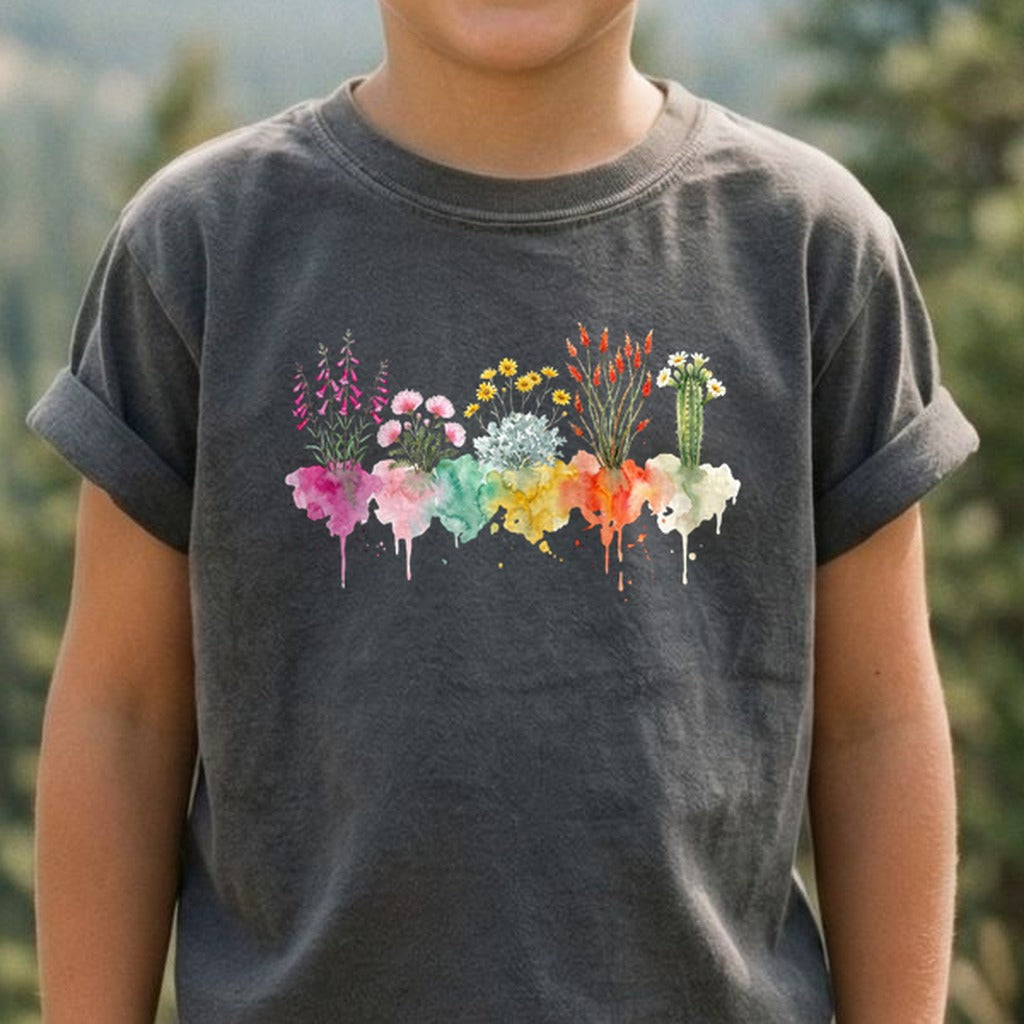 Watercolor Saguaro Wildflowers Kids Cotton T-Shirt