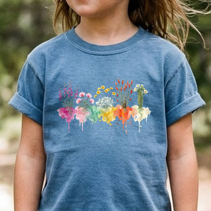 Watercolor Saguaro Wildflowers Kids Cotton T-Shirt