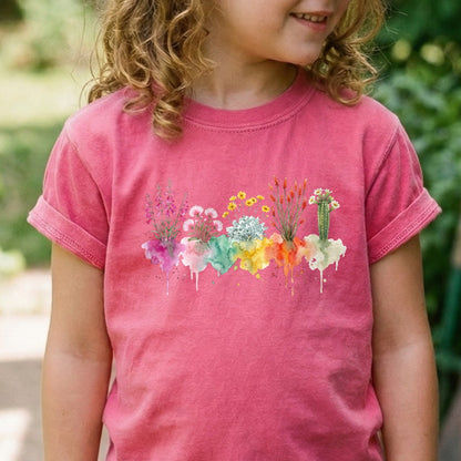 Watercolor Saguaro Wildflowers Kids Cotton T-Shirt