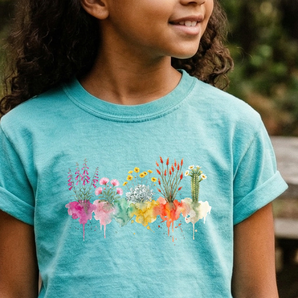Watercolor Saguaro Wildflowers Kids Cotton T-Shirt