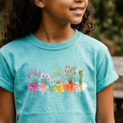 Watercolor Saguaro Wildflowers Kids Cotton T-Shirt